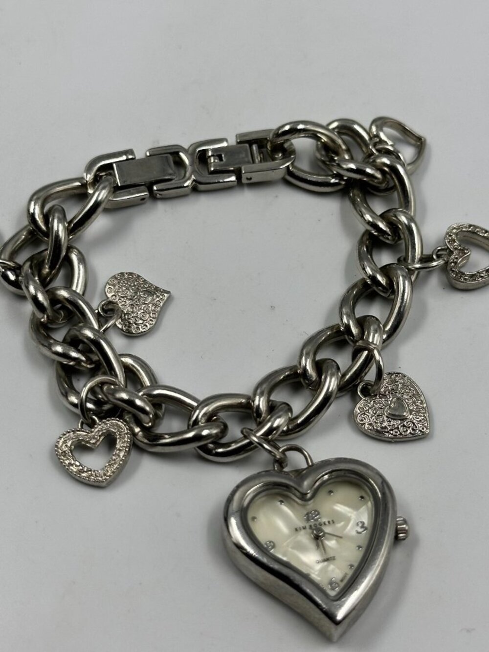 Kim Rogers Charm Bracelet Watch Women Silver Heart Chain Link New Battery 7.25"